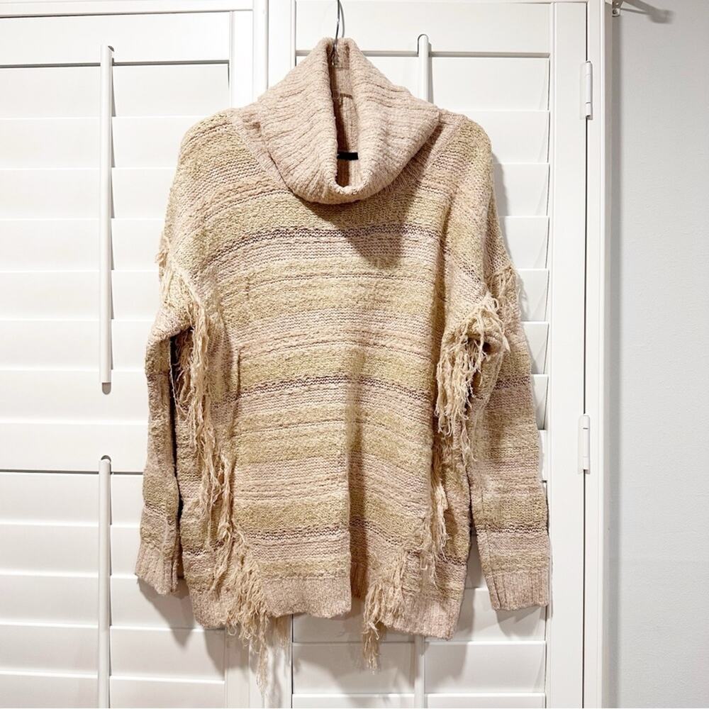 Kensie Fringe Textured Cowl Neck Sweater Tan Boho Neutral Size Large